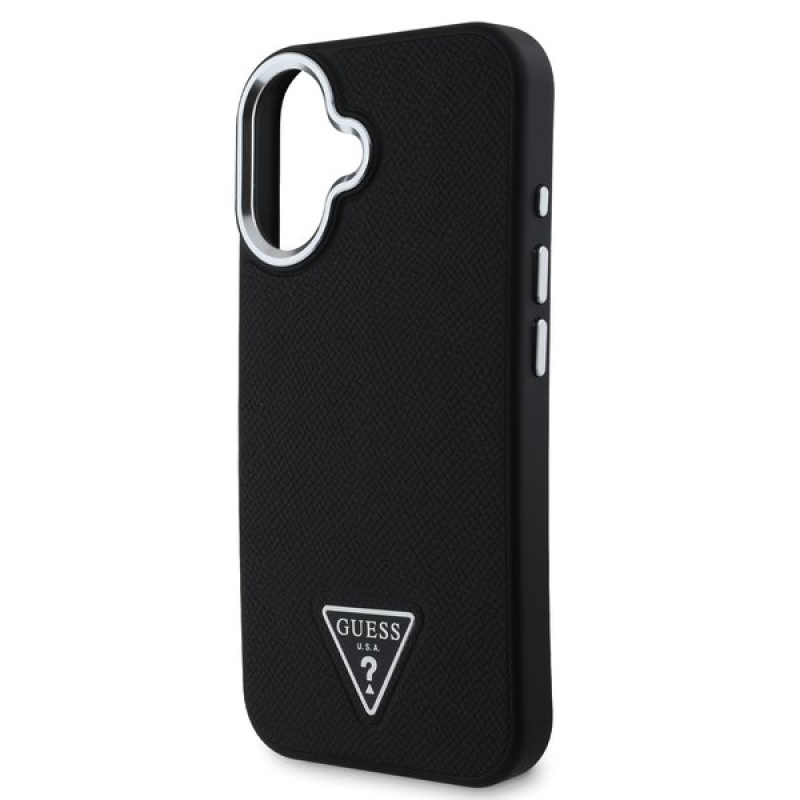 Guess PU szemcsés, háromszög alakú logós hátlap iPhone 16-hoz Fekete