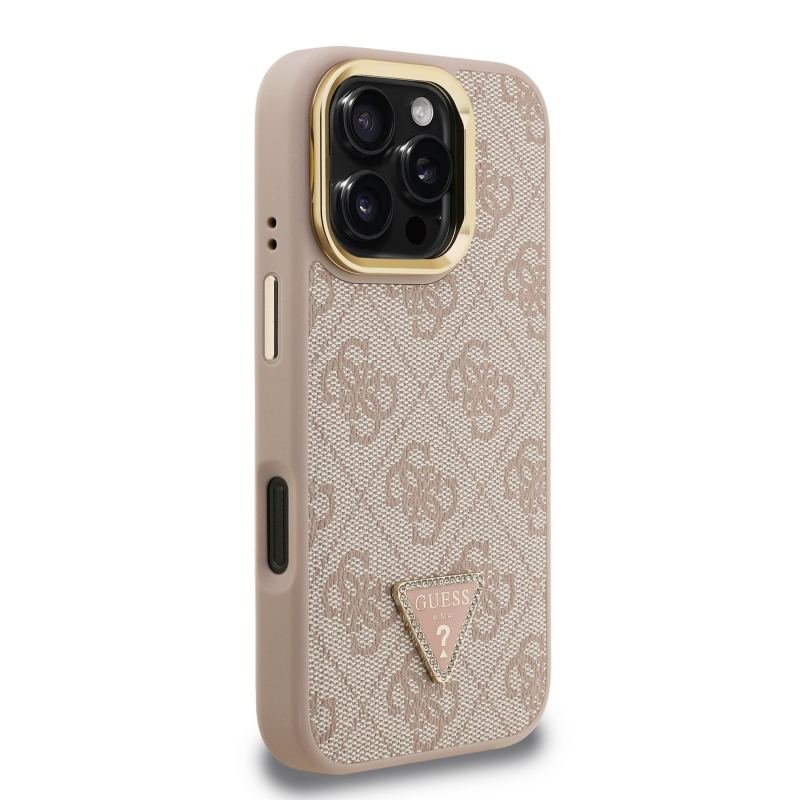Guess PU 4G Strass háromszög logó állvány kamerakeret MagSafe hátlapi borító iPhone 16 Pro rózsaszínhez