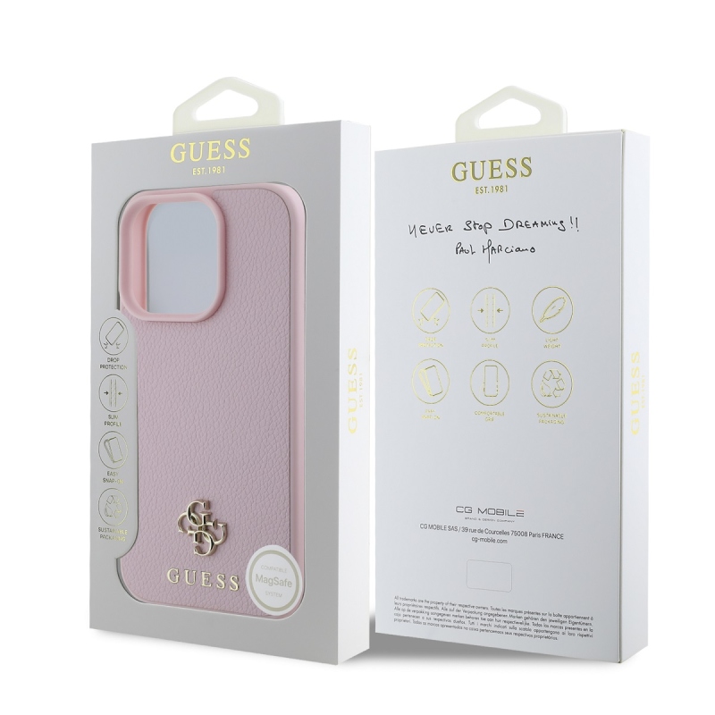 Guess PU szemcsés 4G kis fém logós MagSafe hátlap iPhone 16 Pro rózsaszínű iPhone 16 Pro számára