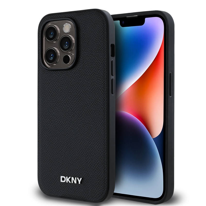 DKNY PU bőr ezüst fém logó Magsafe hátlap iPhone 14 Pro Max-hoz fekete