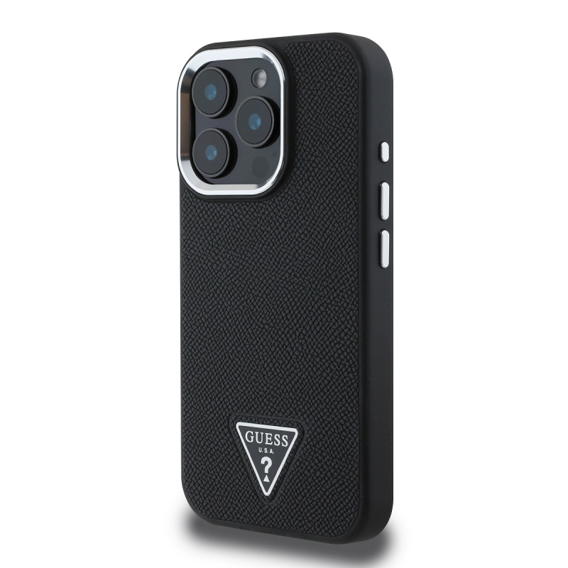 Guess PU szemcsés, háromszög alakú logós hátlap iPhone 16 Pro Fekete