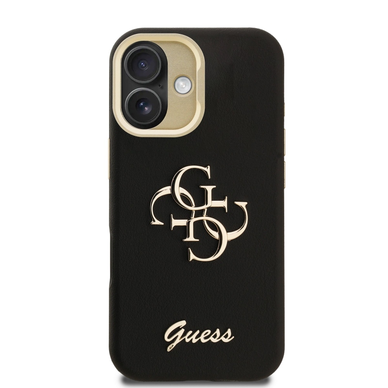 Guess PU szemcsés 4G Logo Stand Kamera keret hátlapi borító iPhone 16-hoz Fekete