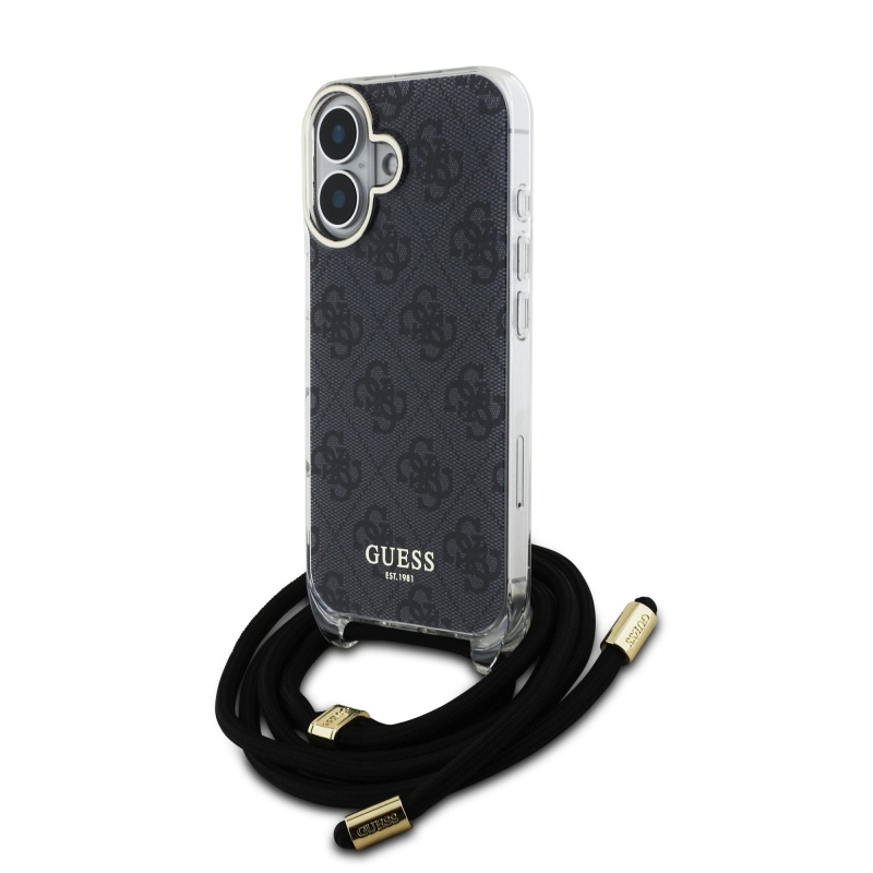 Guess IML 4G nyomtatott keresztpántos hátlapi borító iPhone 16-hoz Fekete