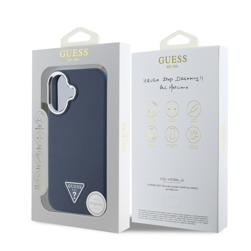 Guess PU szemcsés, háromszög alakú logós hátlap iPhone 16-hoz Kék