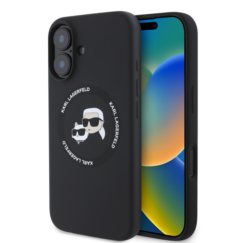 Karl Lagerfeld Liquid Silicone K&CH Heads MagSafe hátlapi borító iPhone 16-hoz Fekete