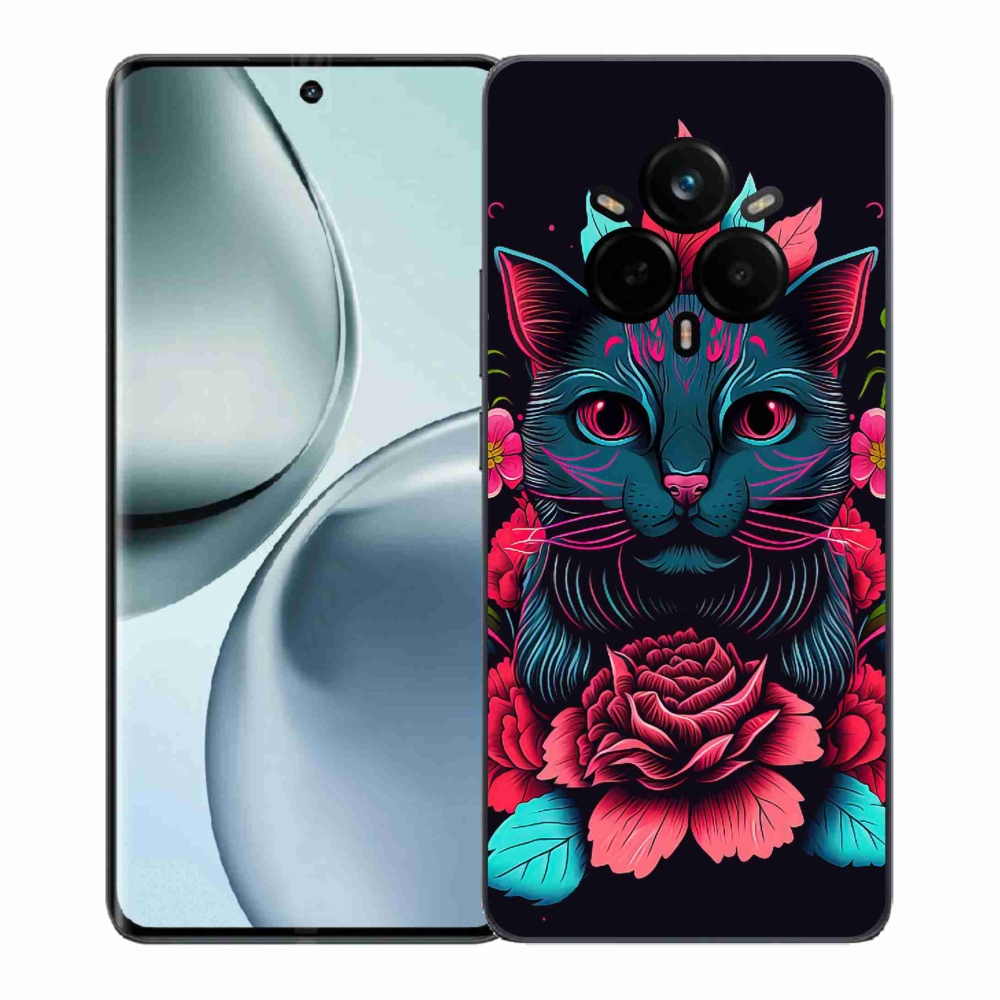 Gél borító mmCase a Realme 14 Pro+ 5G számára - virágok és macska