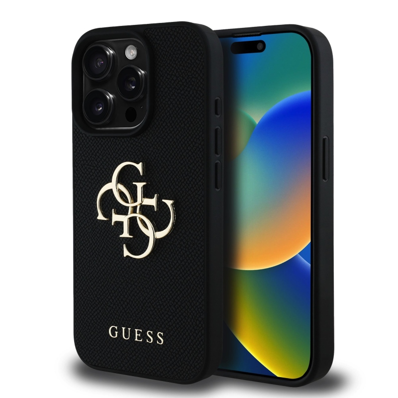 Guess PU szemcsés 4G fém logó hátlap iPhone 15 Pro fekete