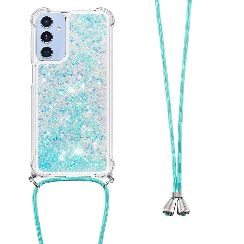Csillogó homokóra zselés tok zsinórral Samsung Galaxy A26 5G-hez - kék/csillagok