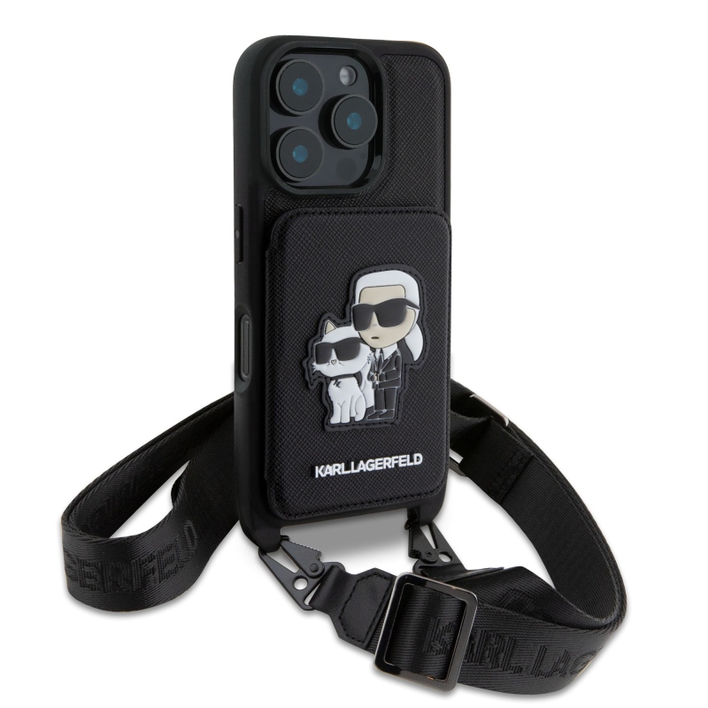 Karl Lagerfeld Saffiano Crossbody Strap Karl és Choupette borító iPhone 16 Pro-hoz Fekete