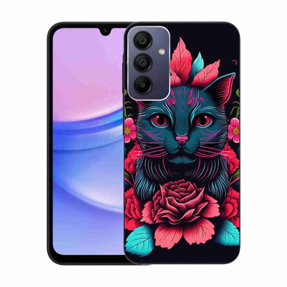 Gél borítás mmCase Samsung Galaxy A15 4G/5G - virágok és macska