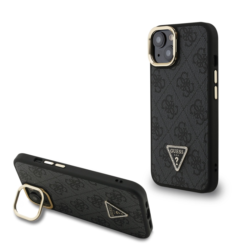Guess PU 4G Strass háromszög logó állvány kamerakeret MagSafe hátlapi borító iPhone 13-hoz Fekete