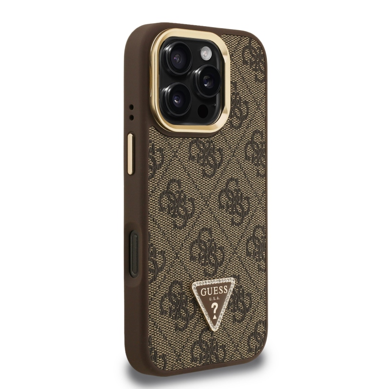 Guess PU 4G Strass háromszög logó állvány kamerakeret MagSafe hátlapi borító iPhone 16 Pro barna színűhöz