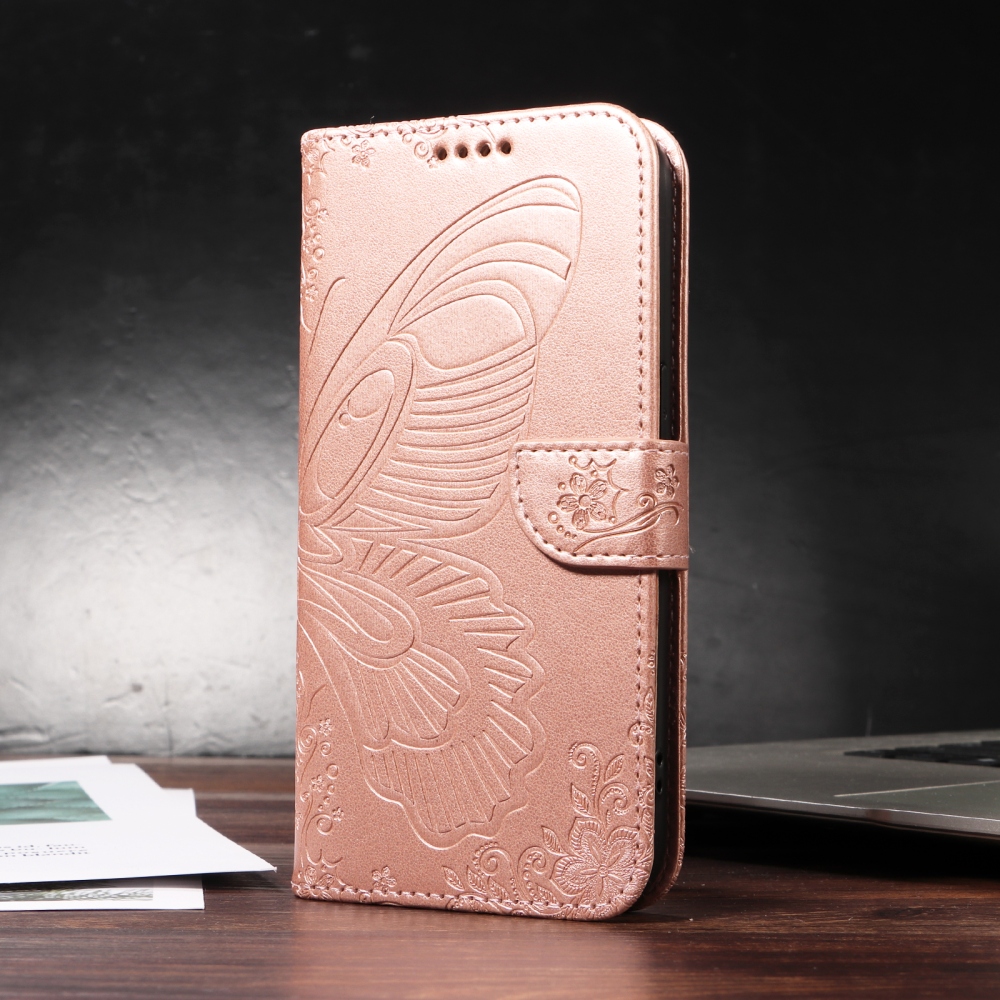 Virágos pillangó könyv tok iPhone 17 készülékhez - rózsaarany
