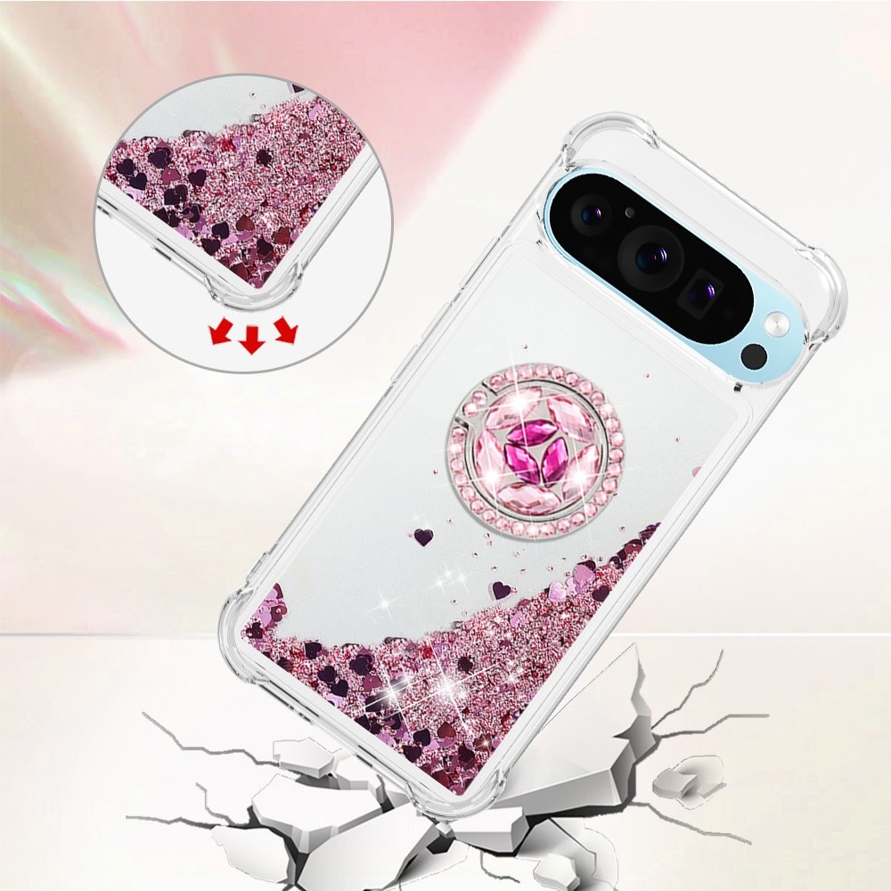 Glitt homokóra zselés tok ujjgyűrűvel a Google Pixel 10 számára - rózsaarany/szív
