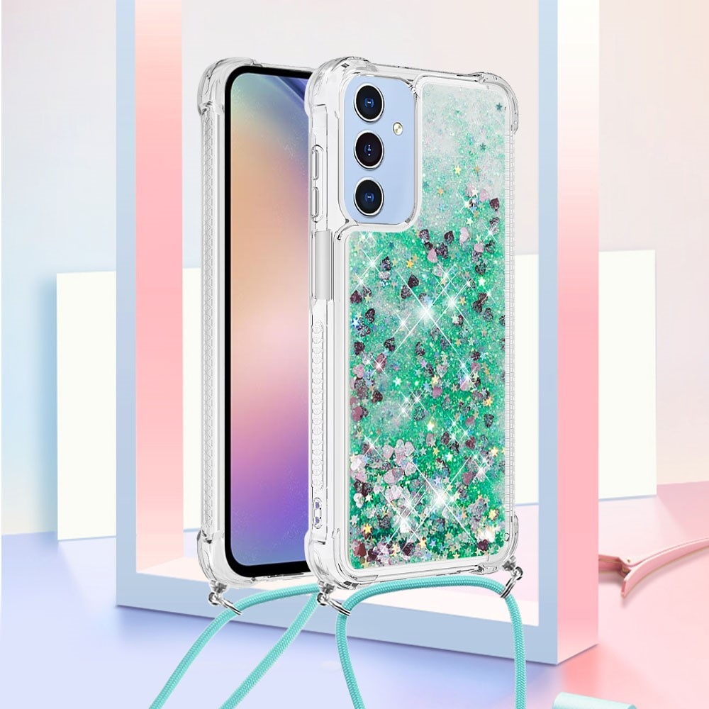Csillogó homokóra zselés tok húzózsinórral Samsung Galaxy A26 5G - zöld/szív