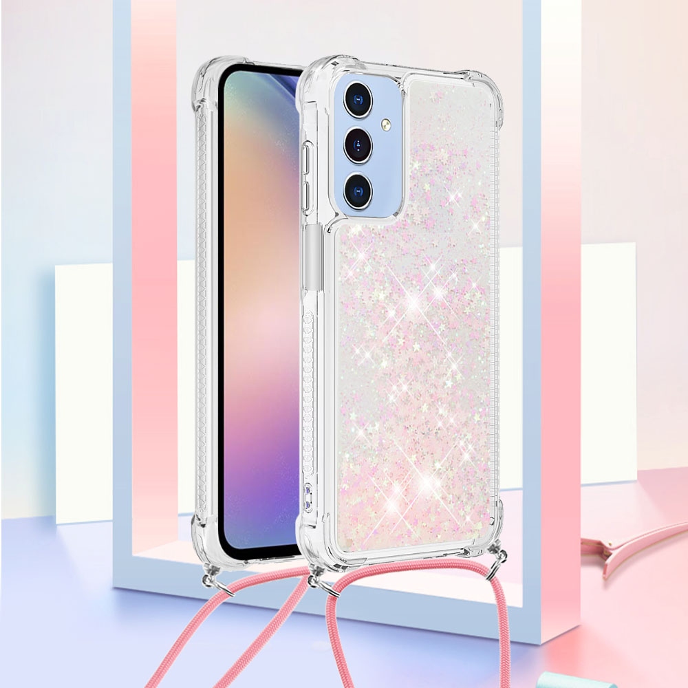Csillogó homokóra zselés tok húzózsinórral Samsung Galaxy A17 5G - rózsaszín/csillagok