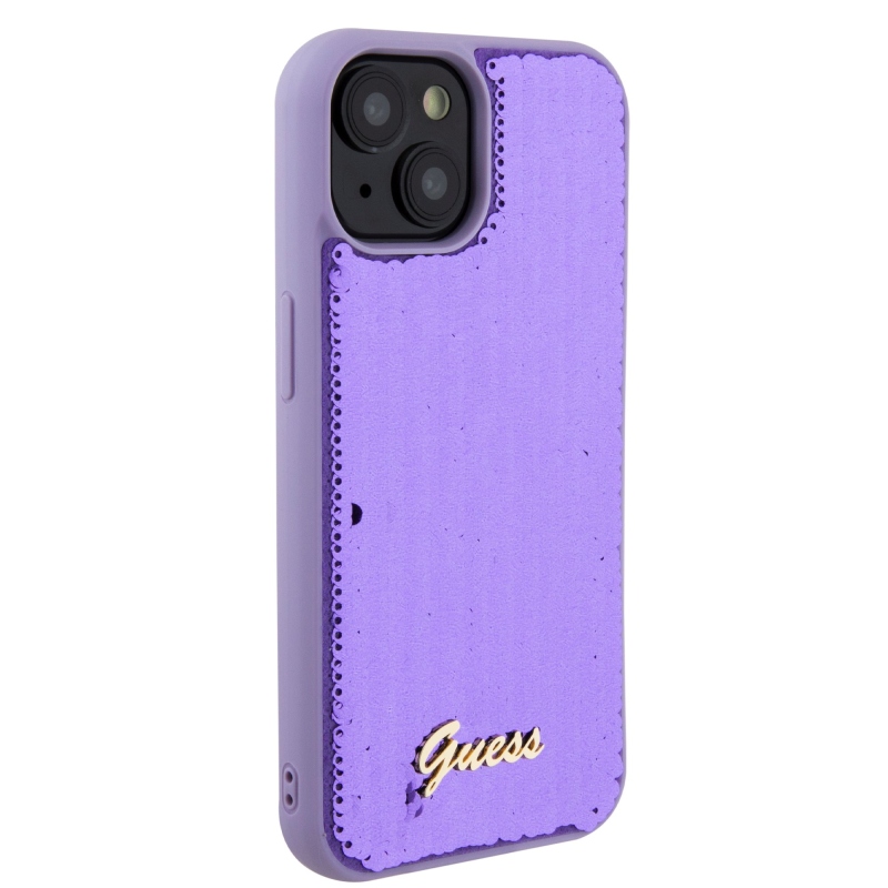 Guess Sequin Script Logo hátlap iPhone 15 Plus lila színű borítóhoz