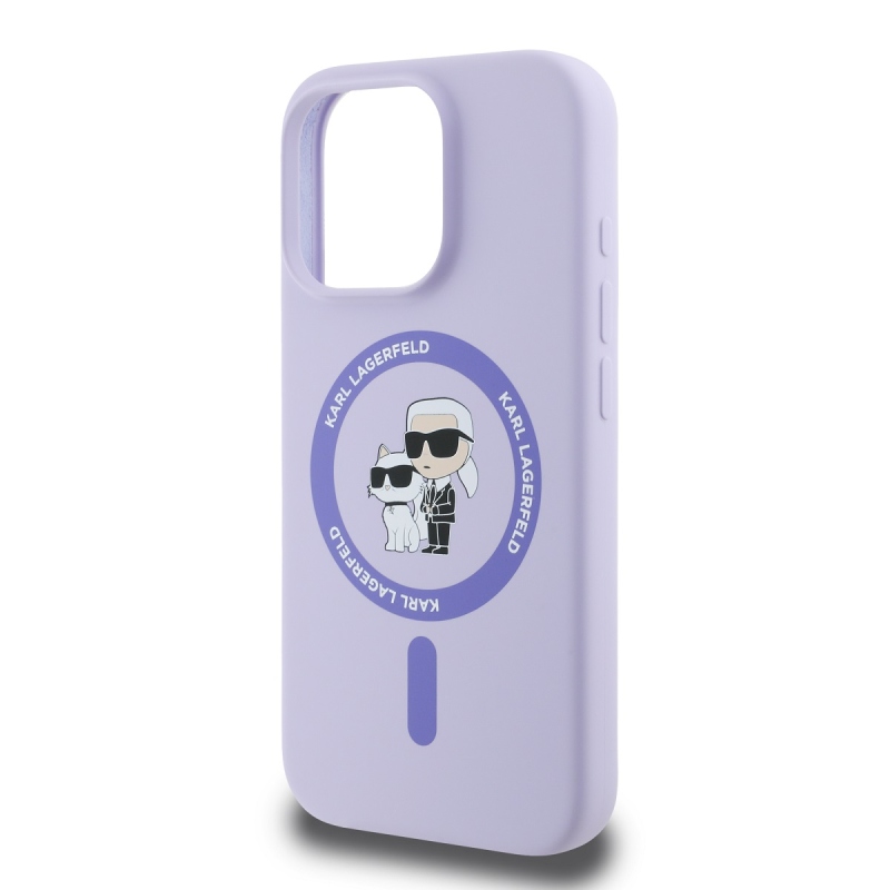 Karl Lagerfeld folyékony szilikon Karl és Choupette MagSafe hátlapi borító iPhone 16 Pro lila színhez
