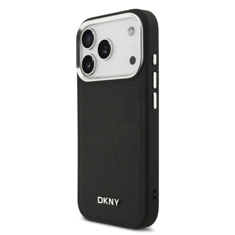 DKNY PU bőr fém logós csuklólánc MagSafe hátlap iPhone 17 Pro fekete színűre