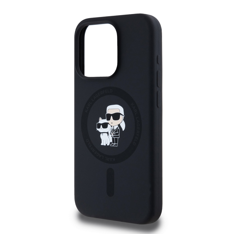 Karl Lagerfeld folyékony szilikon Karl és Choupette Magsafe hátlap iPhone 15 Pro fekete színűre