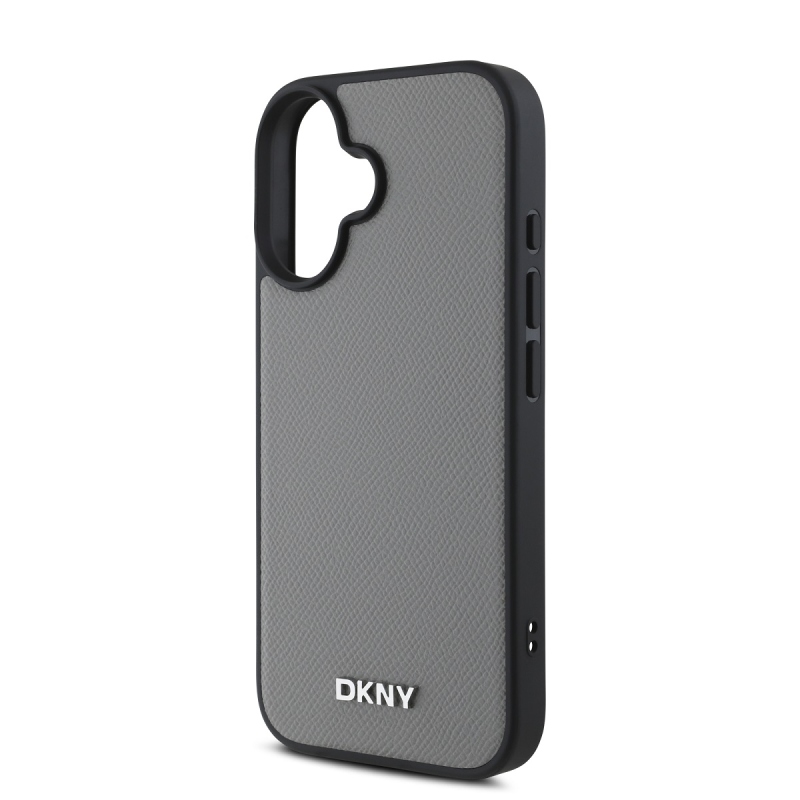 DKNY PU bőr ezüst fém logó Magsafe hátlap iPhone 16-hoz szürke
