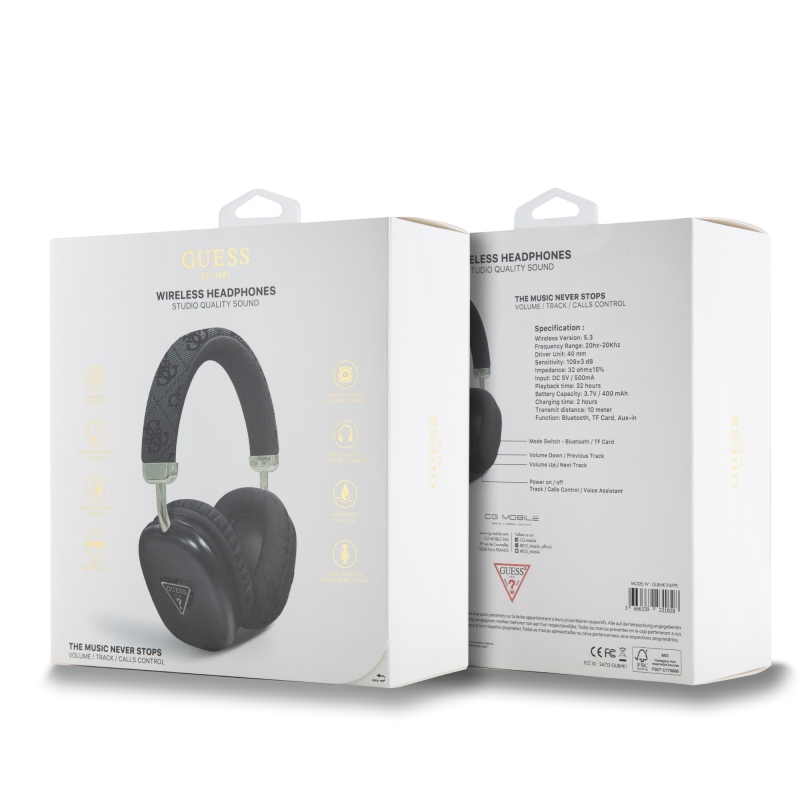 Guess PU bőr 4G háromszög logós Bluetooth sztereó fejhallgató fekete