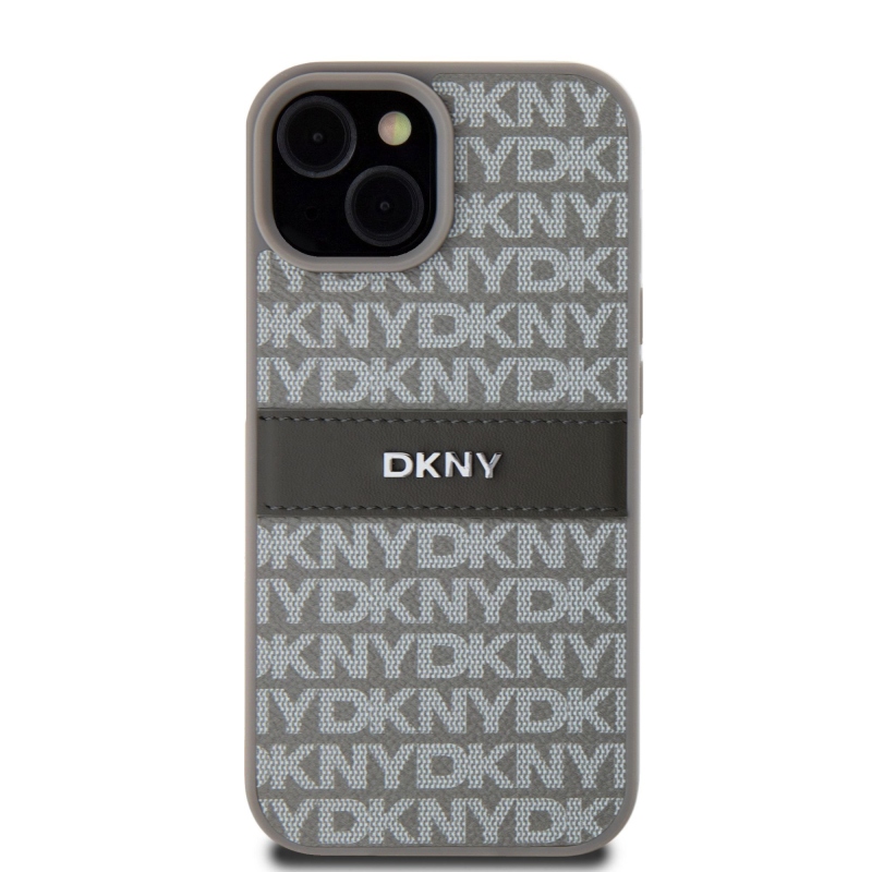 DKNY PU bőr ismétlődő mintás tonális csíkos hátlapi borító iPhone 15 bézs színűre