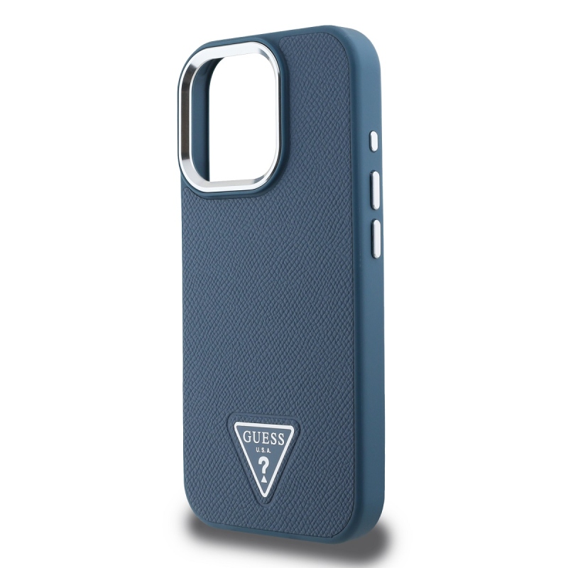 Guess PU szemcsés, háromszög alakú logós hátlap iPhone 16 Pro Max-hoz Kék