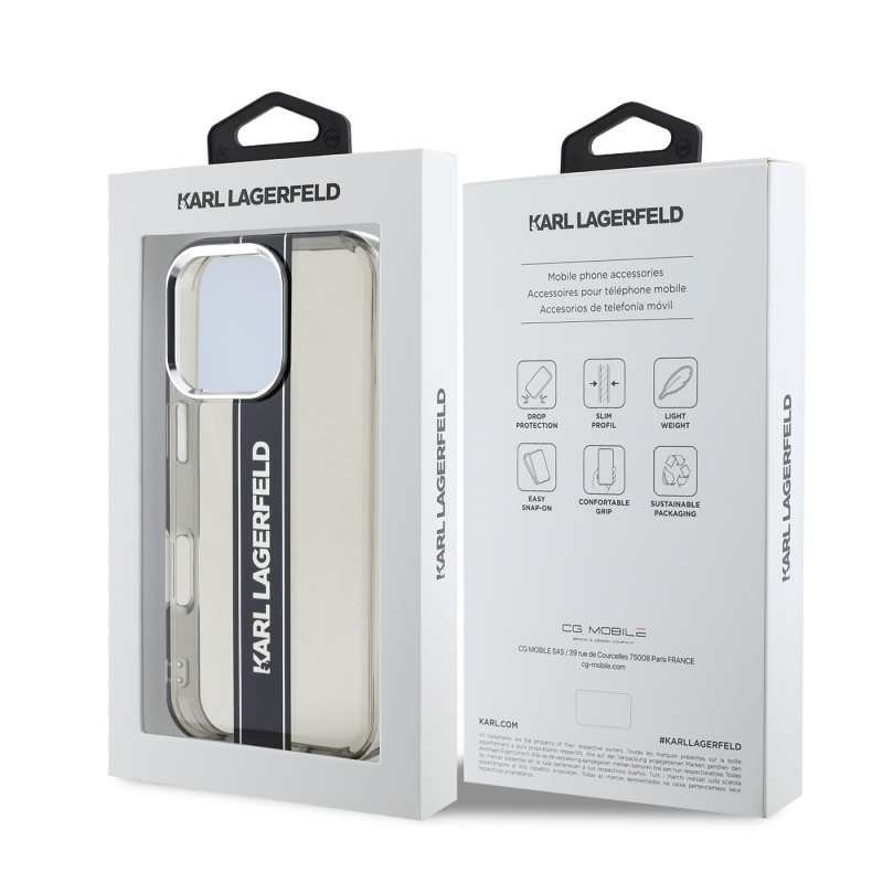 Karl Lagerfeld IML csíkos logós hátlap iPhone 16 Pro Max készülékhez Fekete