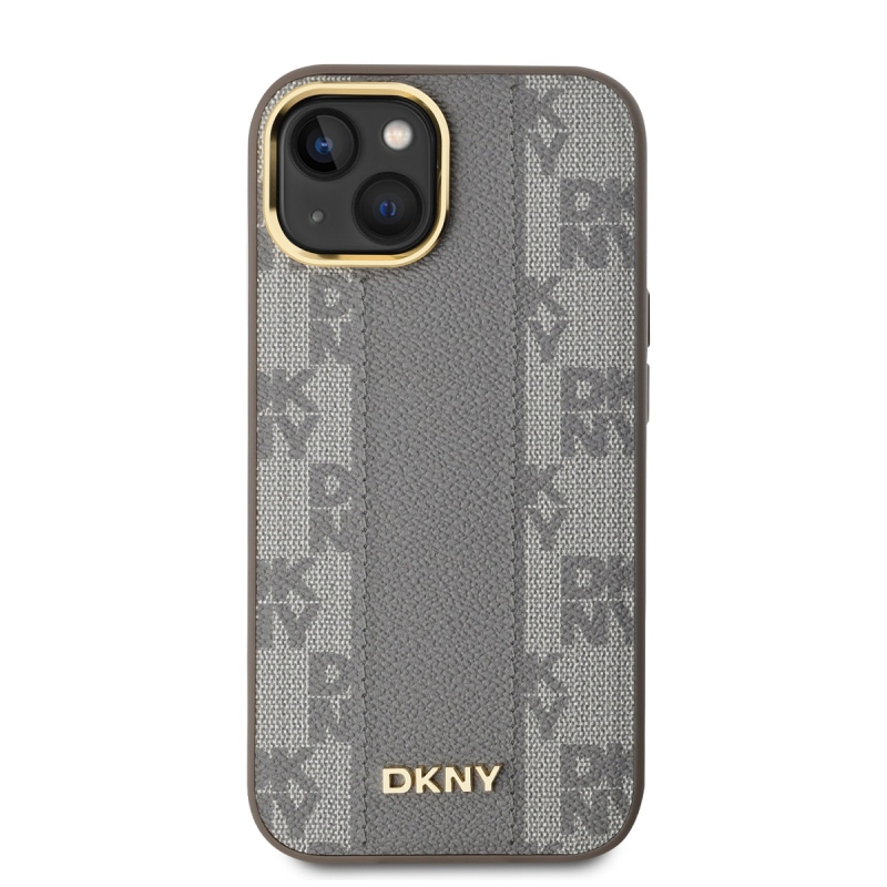 DKNY PU bőr kockás mintás Magsafe hátsó borító iPhone 15 bézs színű készülékhez