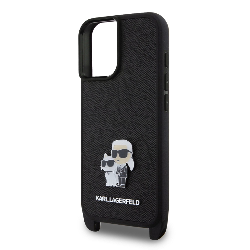 Karl Lagerfeld Saffiano Crossbody Strap Metal Karl és Choupette hátlapi borító iPhone 16 Plus-hoz Fekete
