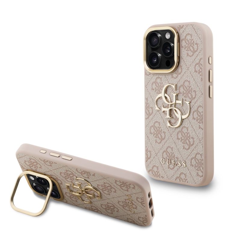 Guess PU 4G fém logó állvány kamera keret hátlapja iPhone 16 Pro Max rózsaszínhez