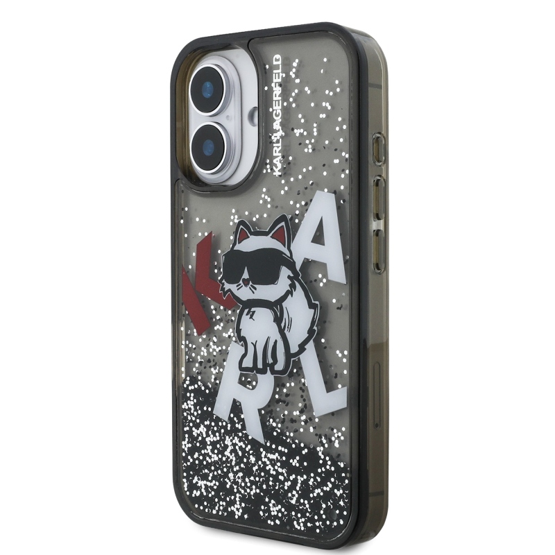 Karl Lagerfeld Folyékony csillámporos, szétszórt Choupette hátlap iPhone 16-hoz Fekete
