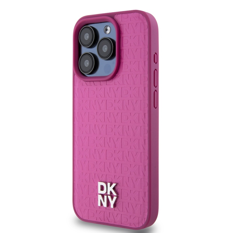 DKNY PU bőr Ismétlődő mintás Stack Logo Magsafe hátlap iPhone 15 Pro rózsaszínűhez