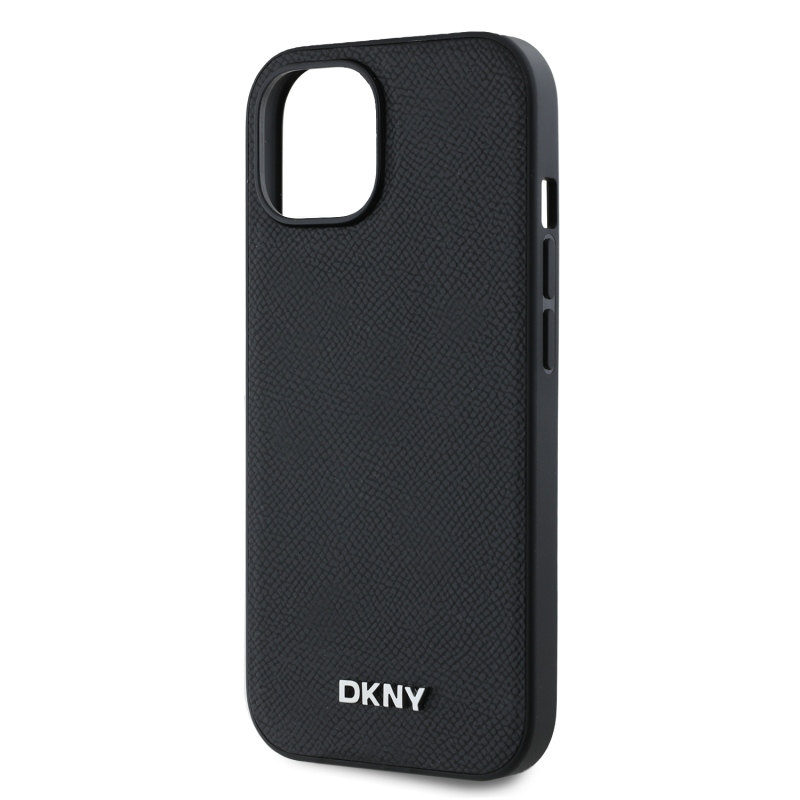 DKNY PU bőr ezüst fém logó Magsafe hátlap iPhone 13-hoz Fekete