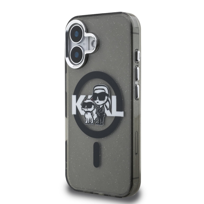 Karl Lagerfeld IML Glitter Karl és Choupette Sketch MagSafe hátlapi borító iPhone 16-hoz Fekete