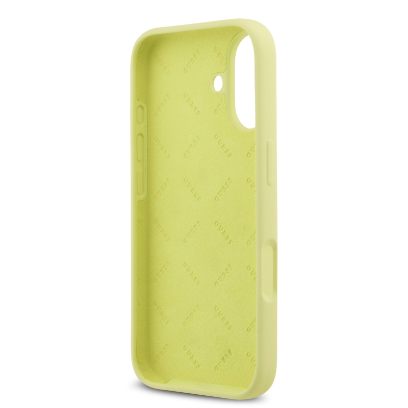 Guess Liquid szilikon 4G fém logós hátlap iPhone 17 Sárga
