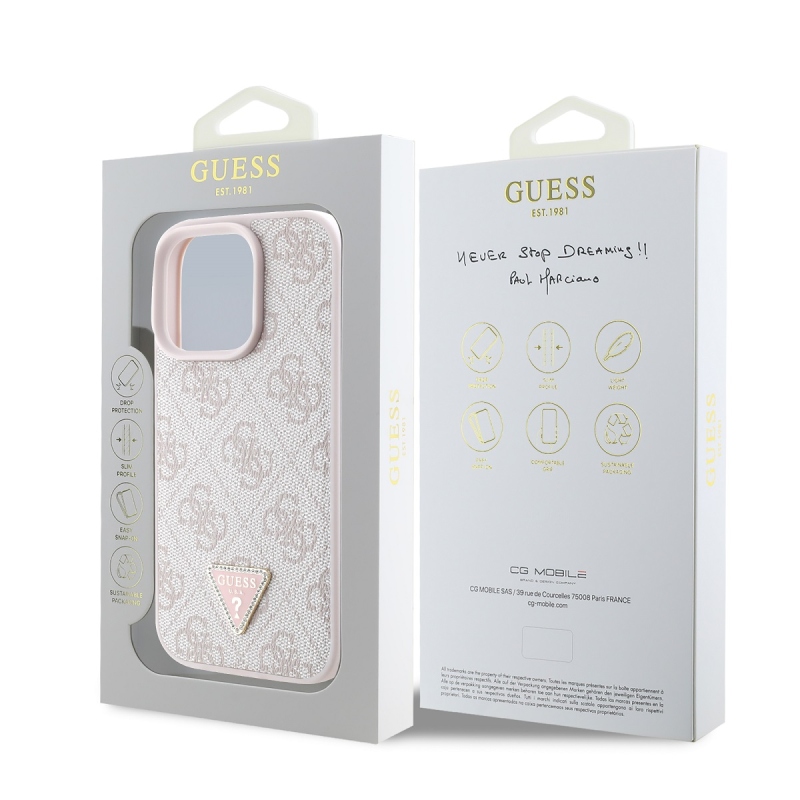 Guess PU 4G Strass háromszög fém logó hátlap iPhone 16 Pro rózsaszínhez