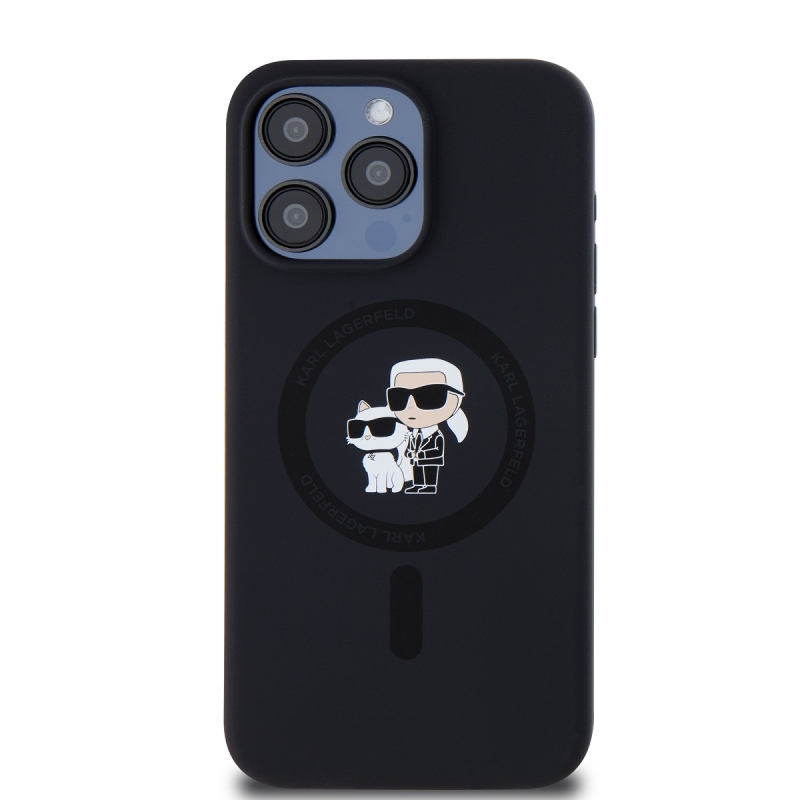 Karl Lagerfeld Folyékony szilikon Karl és Choupette Magsafe hátlap iPhone 15 Pro Max-hoz Fekete