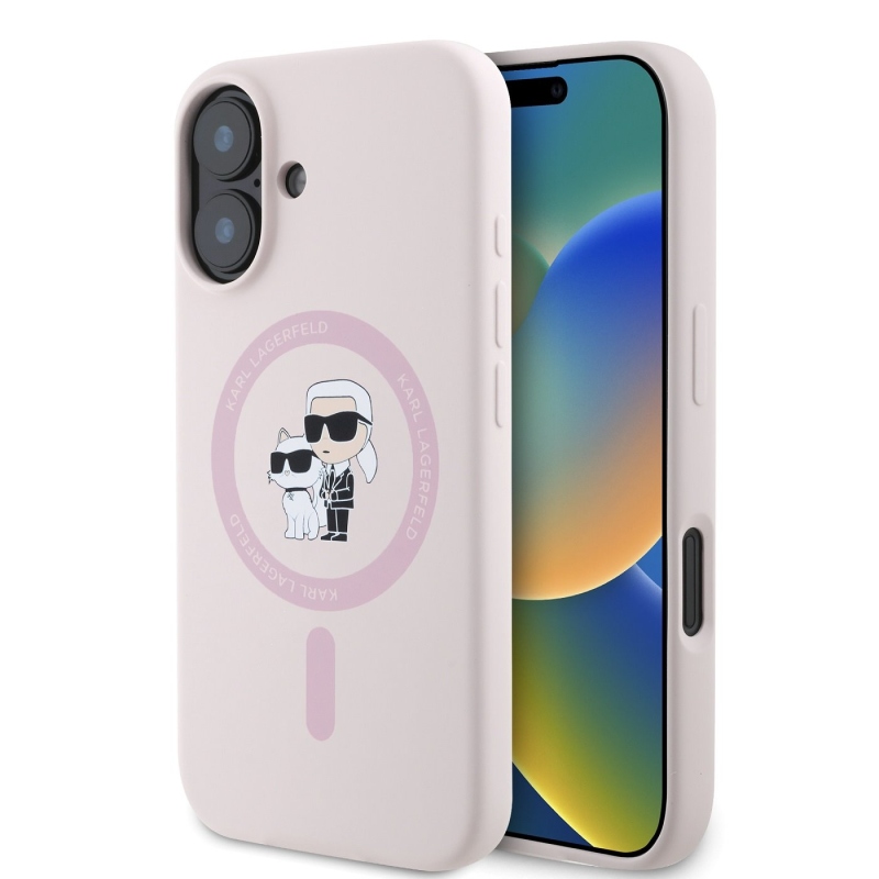 Karl Lagerfeld folyékony szilikon Karl és Choupette MagSafe hátlapi borító iPhone 16 rózsaszínhez