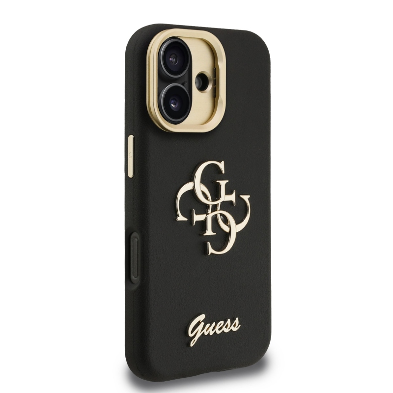 Guess PU szemcsés 4G Logo Stand Kamera keret hátlapi borító iPhone 16-hoz Fekete
