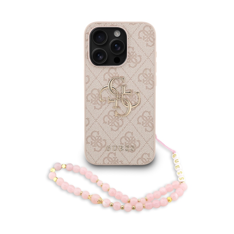 Guess PU 4G fém logós fém pánt hátlap iPhone 15 Pro Max rózsaszínű borítóhoz