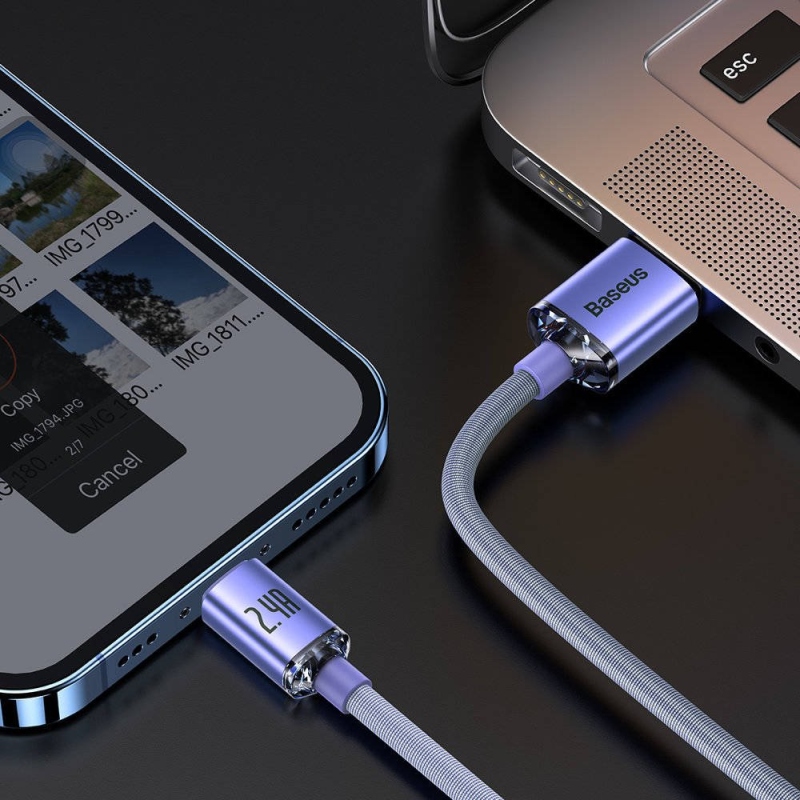 Baseus CAJY000005 Crystal Shine sorozatú adatkábel USB - Lightning 20W 1.2m lila