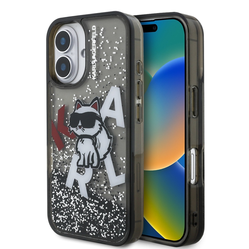 Karl Lagerfeld Folyékony csillámporos, szétszórt Choupette hátlap iPhone 16-hoz Fekete