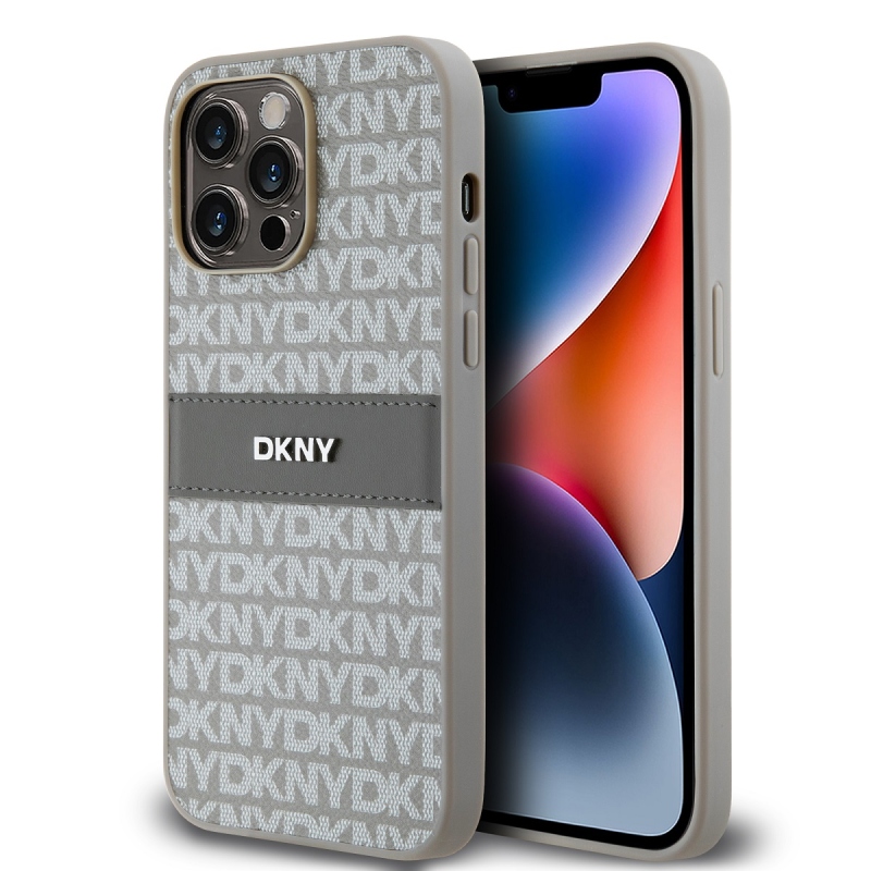 DKNY PU bőr ismétlődő mintás tonális csíkos hátlapi borító iPhone 14 Pro bézs színűhöz