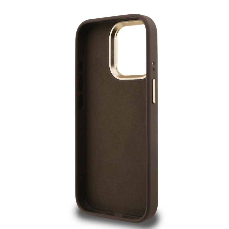 Guess PU 4G fém logó állvány kamera keret hátlap iPhone 15 Pro Max barna barna