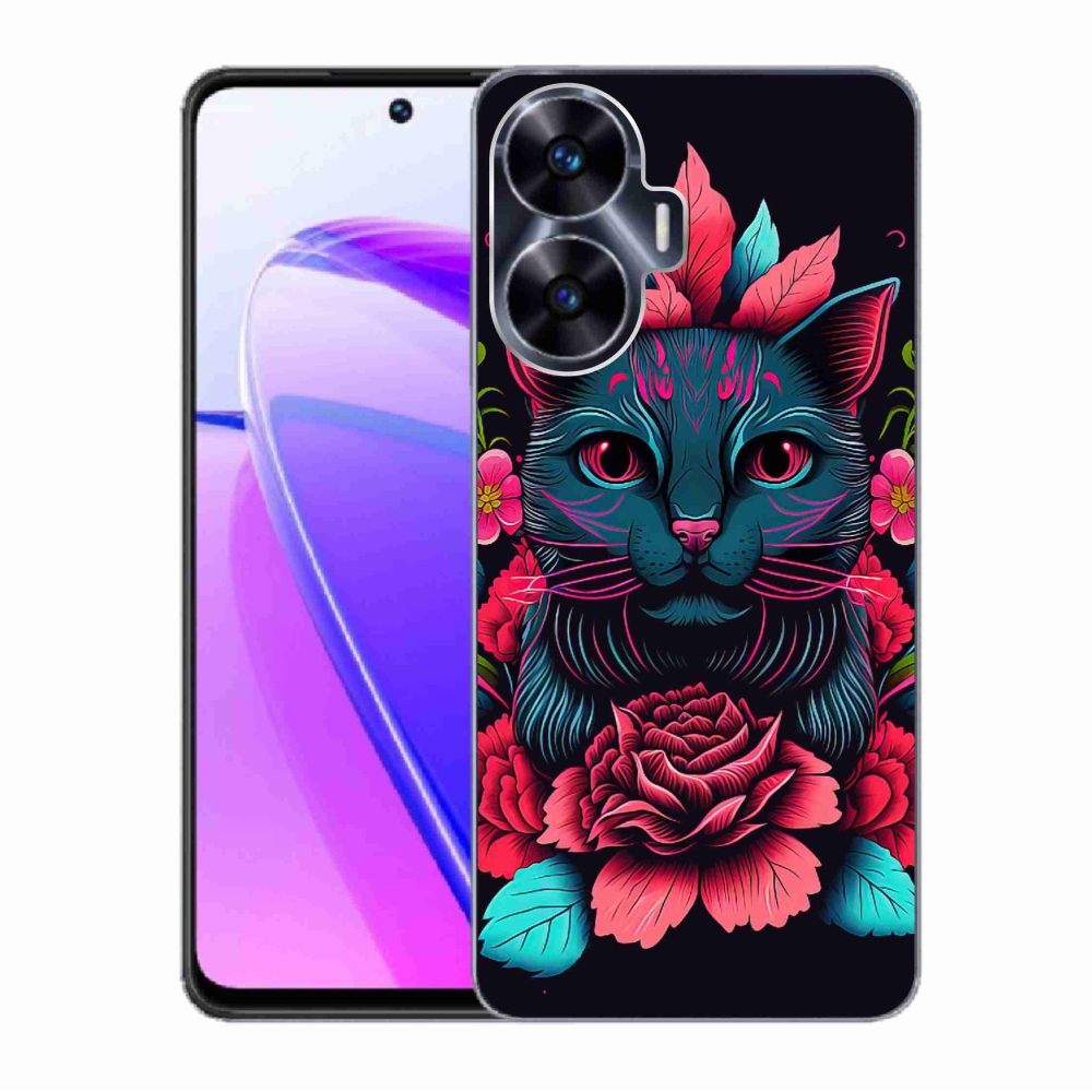 Gél borító mmCase a Realme C55 készülékhez - virágok és macska