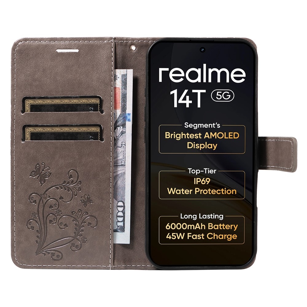 Nagy pillangó könyvtáska a Realme 14 5G/14T 5G számára - szürke