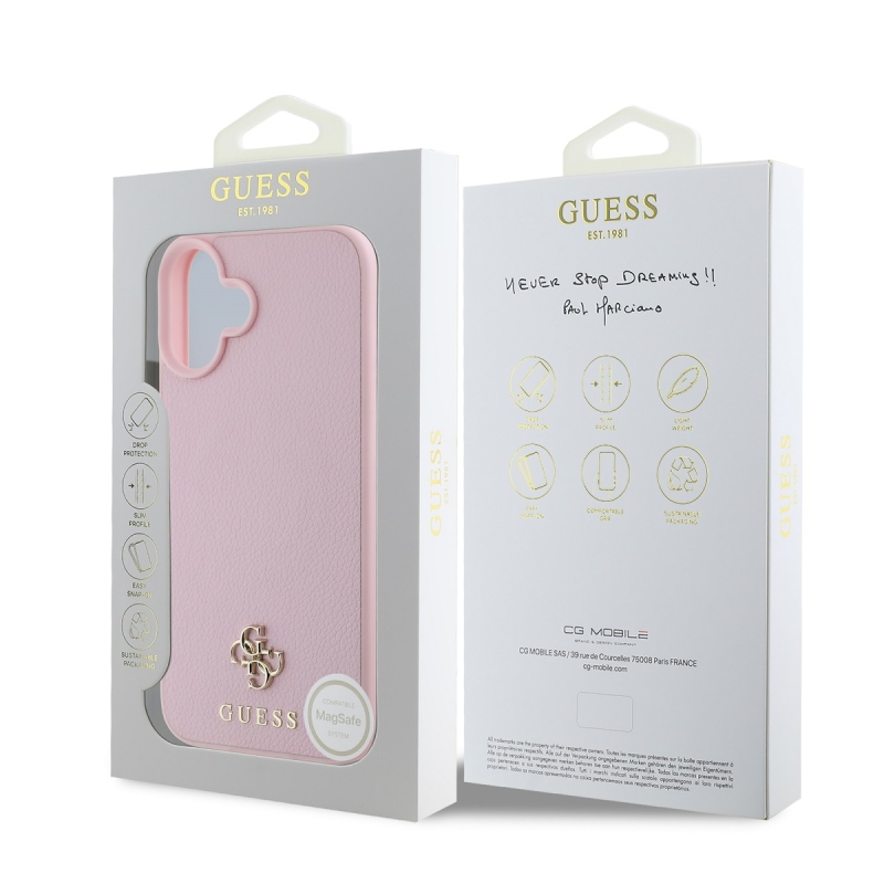 Guess PU szemcsés 4G kis fém logós MagSafe hátlap iPhone 16 rózsaszínhez