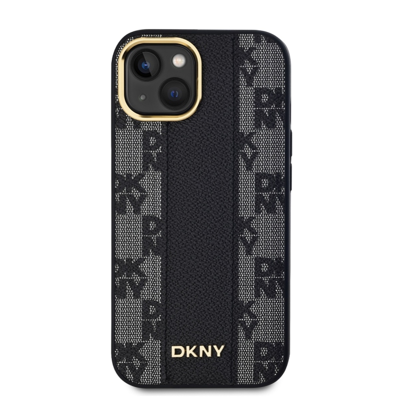 DKNY PU bőr kockás mintás Magsafe hátlap iPhone 15-hez Fekete